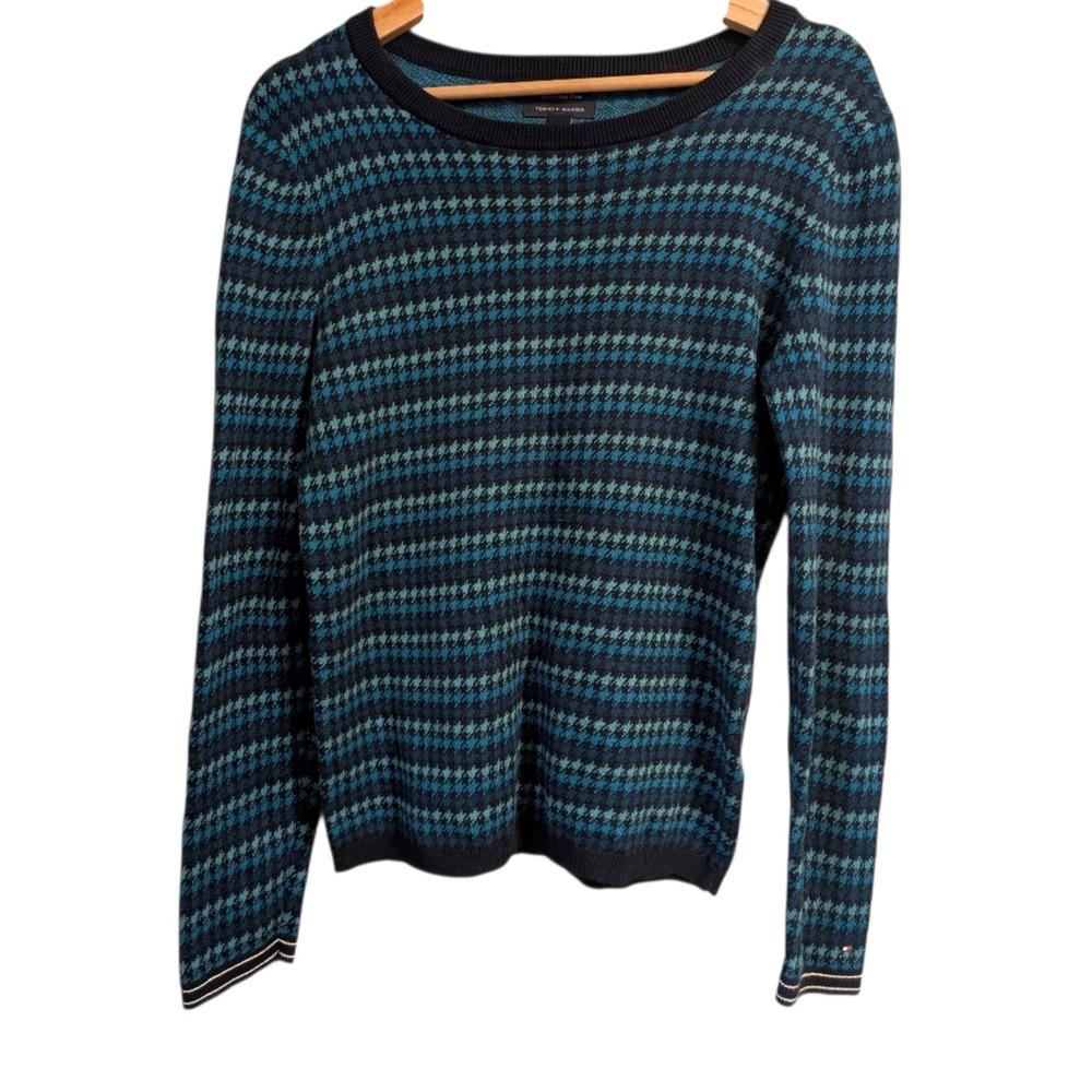 Tommy Hilfiger Vtg Pullover Houndstooth Blue and Teal Long Sleeve Sweater M